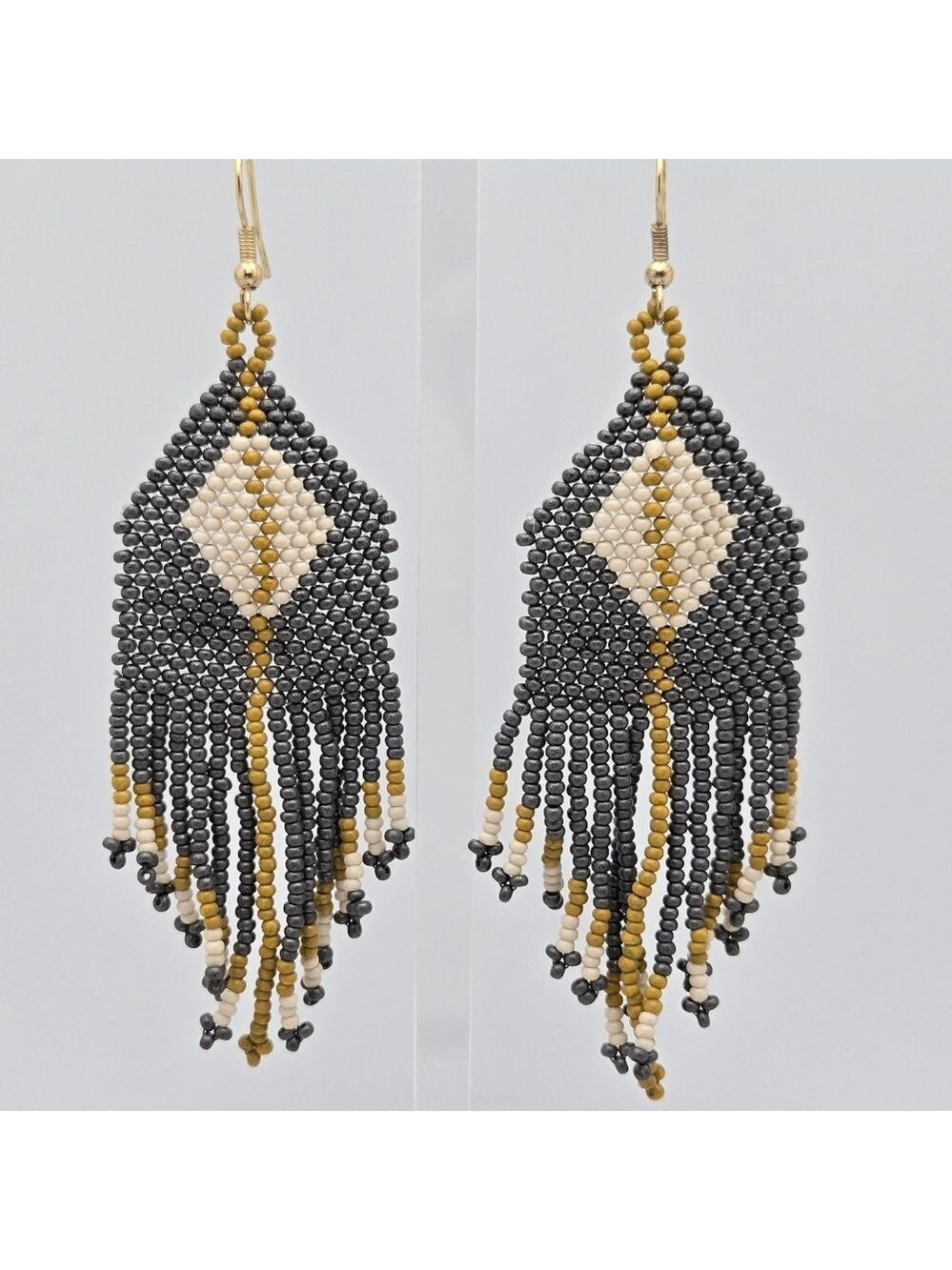 Ink + Alloy Handmade Grey Gold Beaded Fringe Designer Earrings 3.5''